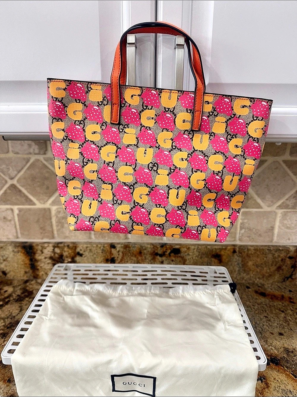 Strawberry Printed Tote Bag in Pink & Orange Like New